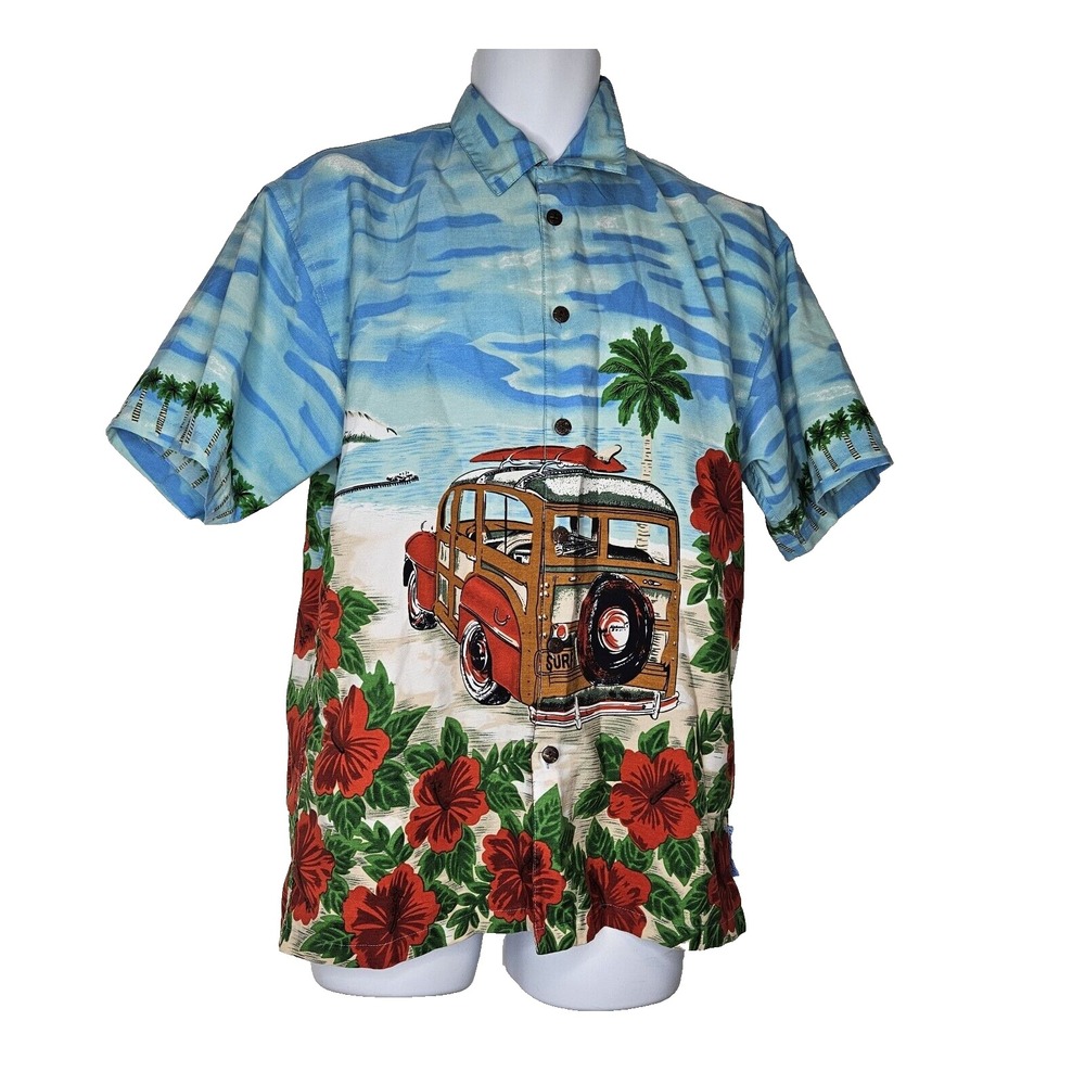 Hang Ten Vtg‎ Mens 16 Hawaiian shirt Floral Beach Palm trees Woody Car Surfing